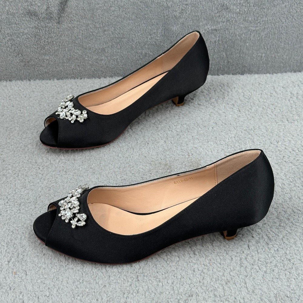 ERIJUNOR Black Satin Rhinestone Peep Toe Kitten Heel Pumps Womens Size 11 Party
